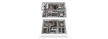 Two 3D floor plans of a house with a kitchen, living room, and bedrooms.