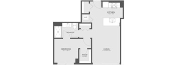 A floor plan of a small apartment with a kitchen, bathroom, bedroom, and living room.