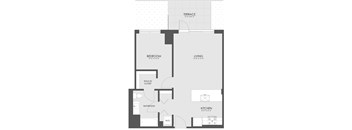 A floor plan of a small apartment with a terrace, bedroom, bathroom, living room, kitchen, and walk-in closet.