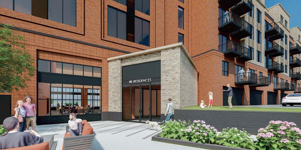 a rendering of the exterior of a building with people and a dog