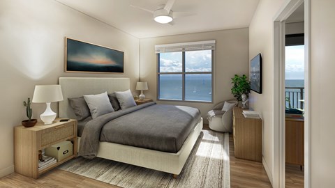 A bedroom with a large bed and a painting on the wall.