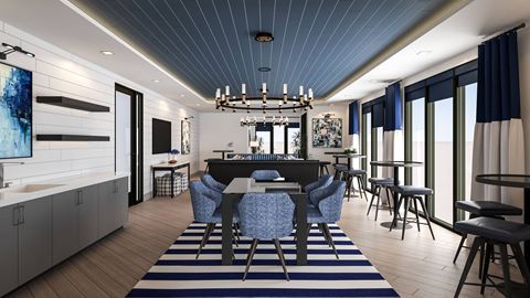 a rendering of a hotel bar and lounge area with blue chairs and a blue and white striped