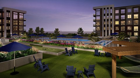 A beautiful outdoor scene with a pool, lawn chairs, and a hammock.