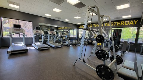 a gym with cardio equipment at Fieldpointe of Schaumburg, Schaumburg, Illinois
