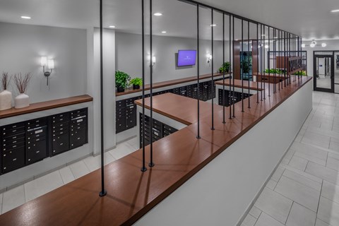 A modern kitchen with a long counter and black cabinets.