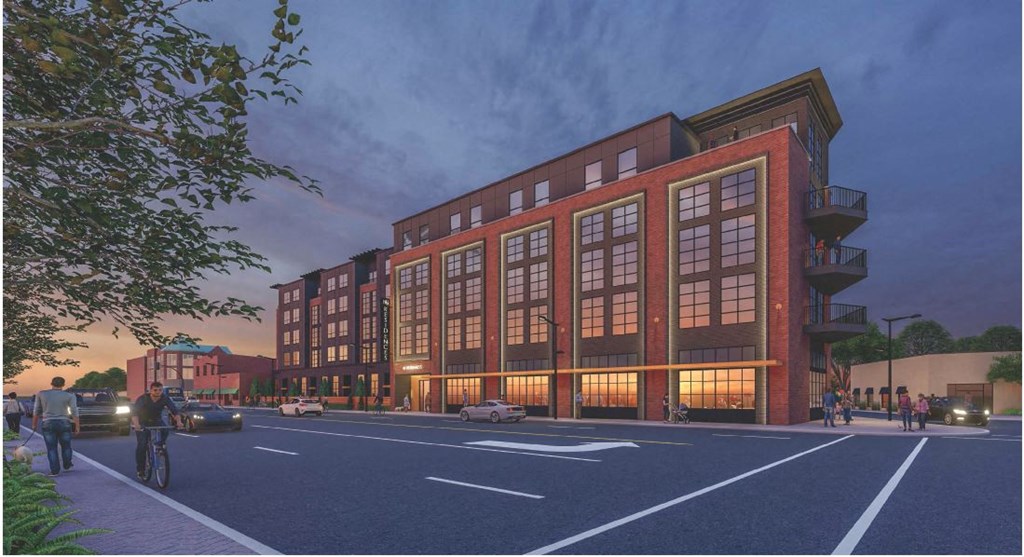 a rendering of a large building on a city street