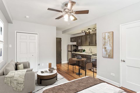 A modern living room with a grey couch and a brown rug.