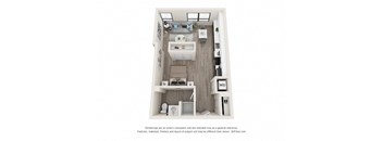 A 3D floor plan of a small apartment with a kitchen, living room, and bathroom.