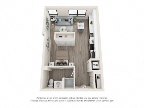 A 3D floor plan of a small apartment with a kitchen, living room, and bathroom.