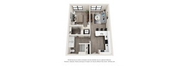 A floor plan of a two-bedroom apartment with a living room, kitchen, and bathroom.