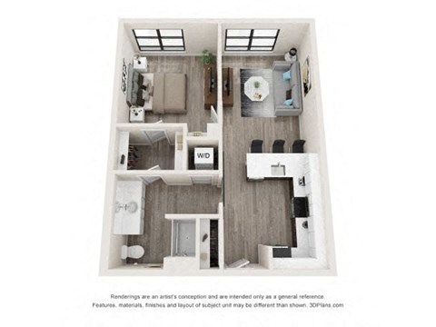 A floor plan of a two-bedroom apartment with a living room, kitchen, and bathroom.