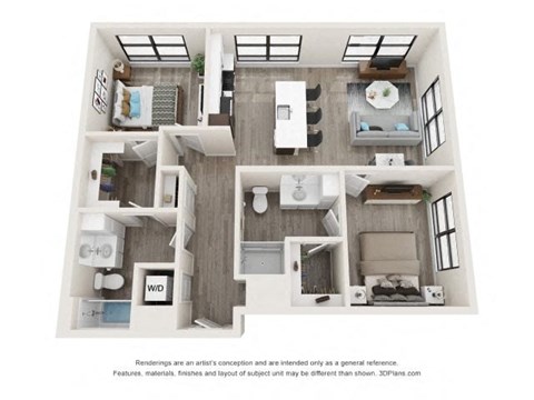 A floor plan of a house with a kitchen, living room, and two bedrooms.