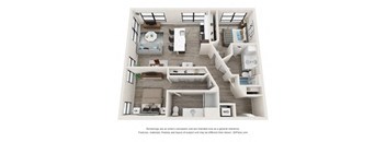 A 3D floor plan of a house with a kitchen, living room, and bedrooms.