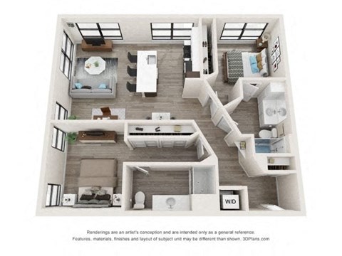 A 3D floor plan of a house with a kitchen, living room, and bedrooms.