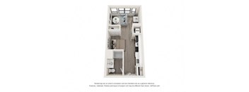 A floor plan of a small apartment with a kitchen, living room, and bathroom.