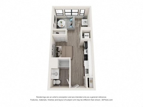 A floor plan of a small apartment with a kitchen, living room, and bathroom.