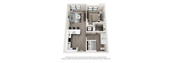 A 3D floor plan of a small apartment with a kitchen, living room, and bathroom.
