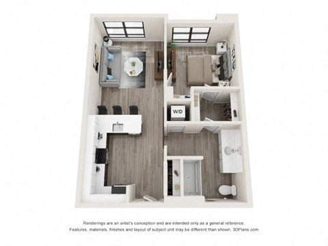 A 3D floor plan of a small apartment with a kitchen, living room, and bathroom.