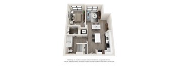 A 3D floor plan of a house with a kitchen, living room, and bathroom.