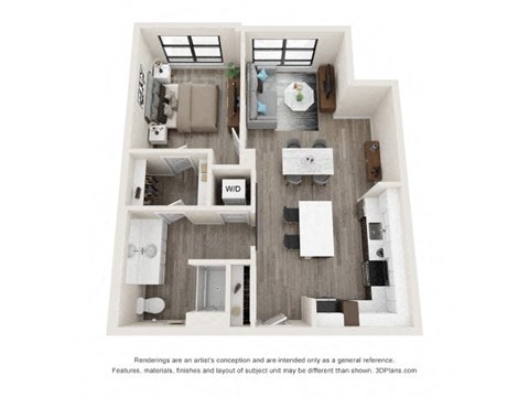 A 3D floor plan of a house with a kitchen, living room, and bathroom.