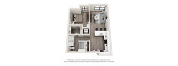 A 3D floor plan of a small apartment with a kitchen, living room, and bathroom.