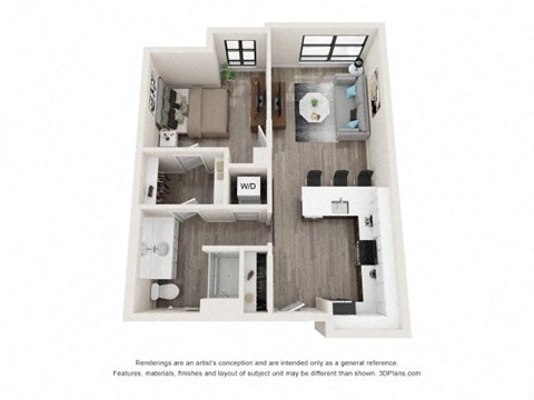 A 3D floor plan of a small apartment with a kitchen, living room, and bathroom.