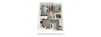 A 3D floor plan of a house with a kitchen, living room, and bathroom.