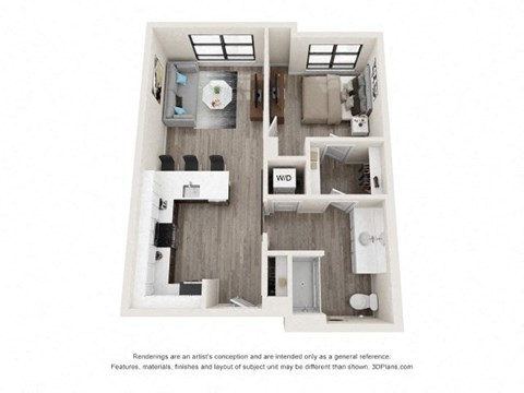 A 3D floor plan of a house with a kitchen, living room, and bathroom.