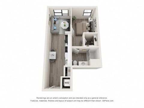 A 3D floor plan of a small apartment with a kitchen, living room, and bathroom.
