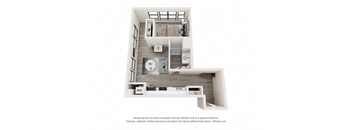 A 3D floor plan of a small apartment with a kitchen, living room, and bathroom.