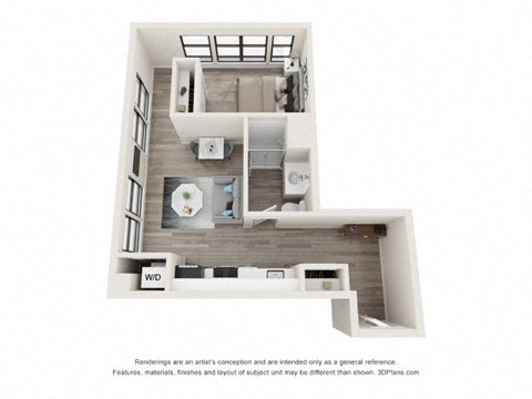 A 3D floor plan of a small apartment with a kitchen, living room, and bathroom.