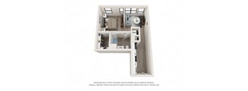 A 3D floor plan of a small apartment with a kitchen, living room, and bathroom.