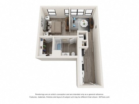 A 3D floor plan of a small apartment with a kitchen, living room, and bathroom.