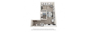 A 3D floor plan of a small apartment with a kitchen, living room, and bathroom.