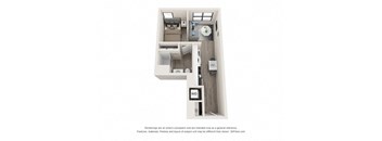 A 3D floor plan of a small apartment with a kitchen, living room, and bathroom.