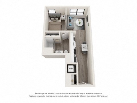 A 3D floor plan of a small apartment with a kitchen, living room, and bathroom.
