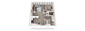 A 3D floor plan of a house with a kitchen, living room, dining room, and bathroom.