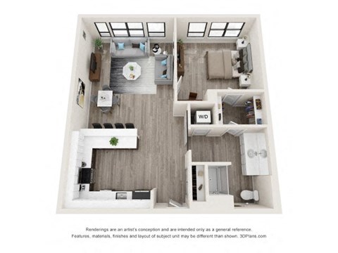 A 3D floor plan of a house with a kitchen, living room, dining room, and bathroom.