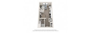 A 3D floor plan of a small apartment with a kitchen, living room, and bathroom.