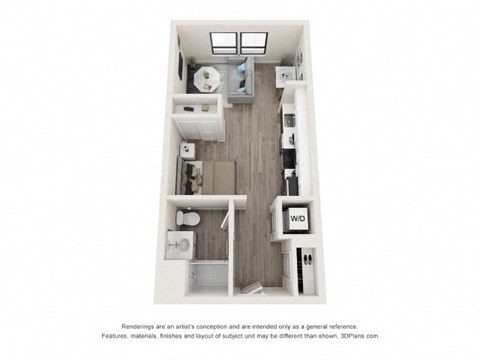 A 3D floor plan of a small apartment with a kitchen, living room, and bathroom.