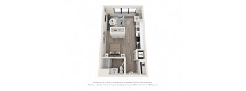 A 3D floor plan of a small apartment with a kitchen, living room, and bathroom.