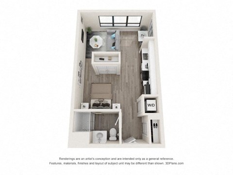 A 3D floor plan of a small apartment with a kitchen, living room, and bathroom.