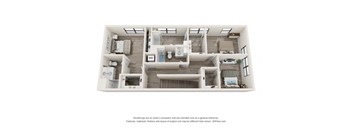 A 3D floor plan of a house with labeled rooms.