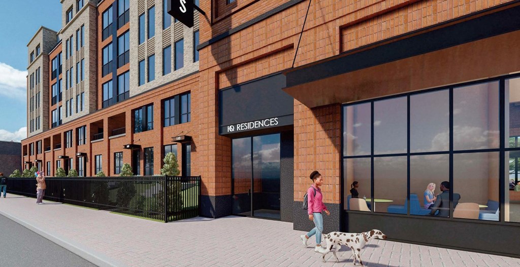 a rendering of a building with a woman walking a dog