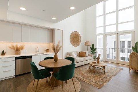 A modern kitchen with a dining table and chairs.