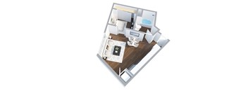 A top down view of a small apartment with a kitchen, living room, and bathroom.