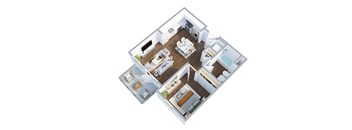 A 3D floor plan of a house with a kitchen, living room, dining room, and two bedrooms.