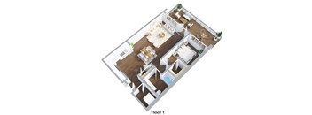 A floor plan of a house with a living room, dining room, kitchen, and two bedrooms.