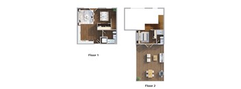 A floor plan of a two-story apartment with labeled Floor 1 and Floor 2.