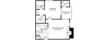A black and white image of a house floor plan with a bathroom, bedroom, living/dining room, and a patio/balcony.